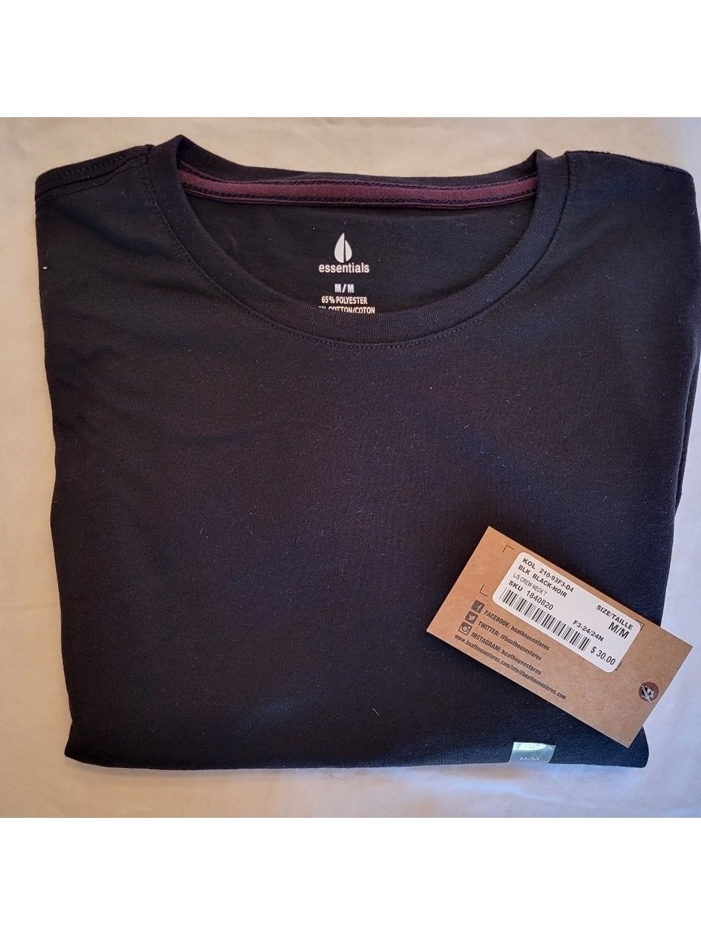 NWT Boathouse Essentials Black Long Sleeve Layering T-Shirt, Size Medium